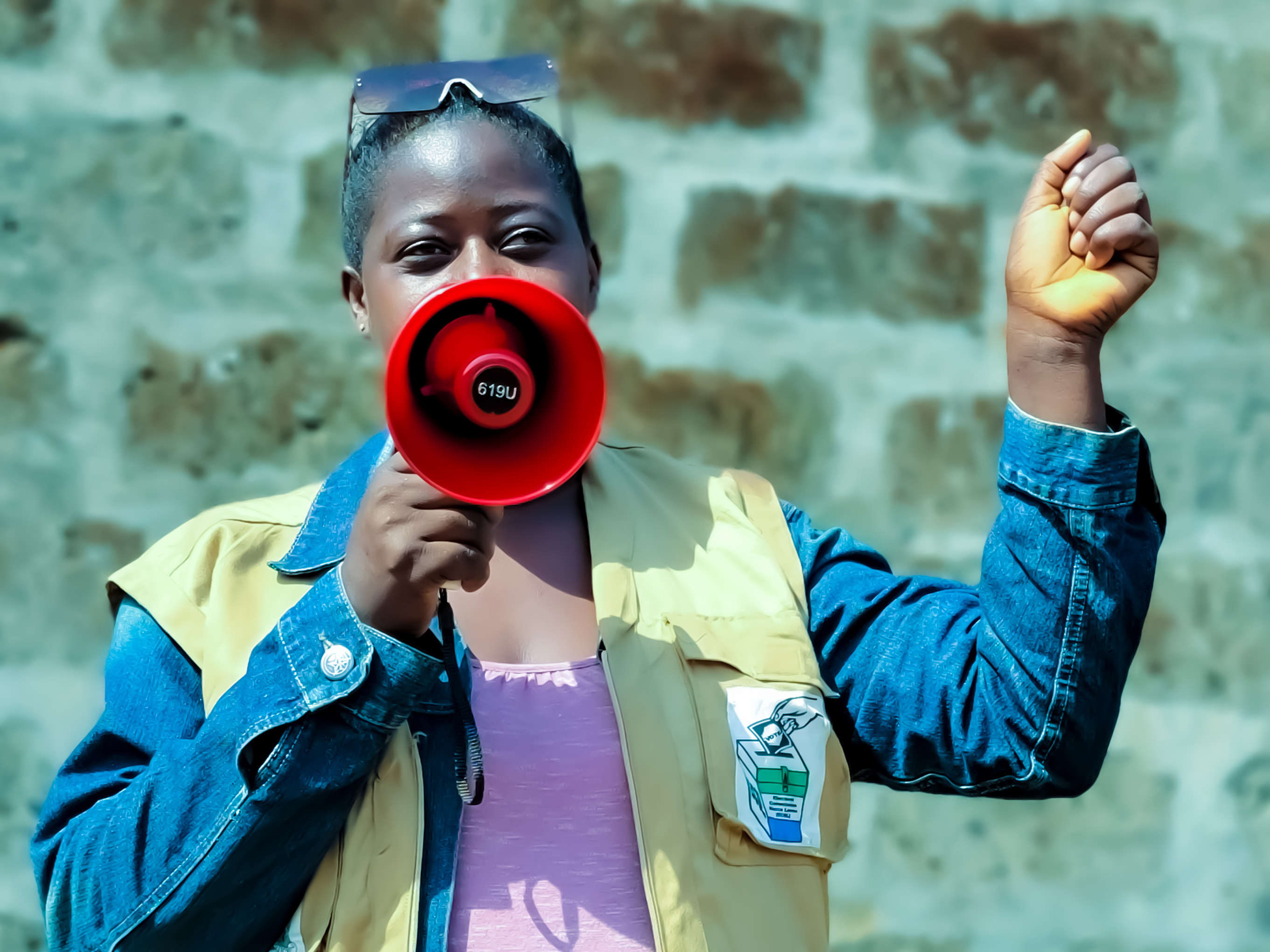 woman with a speaker