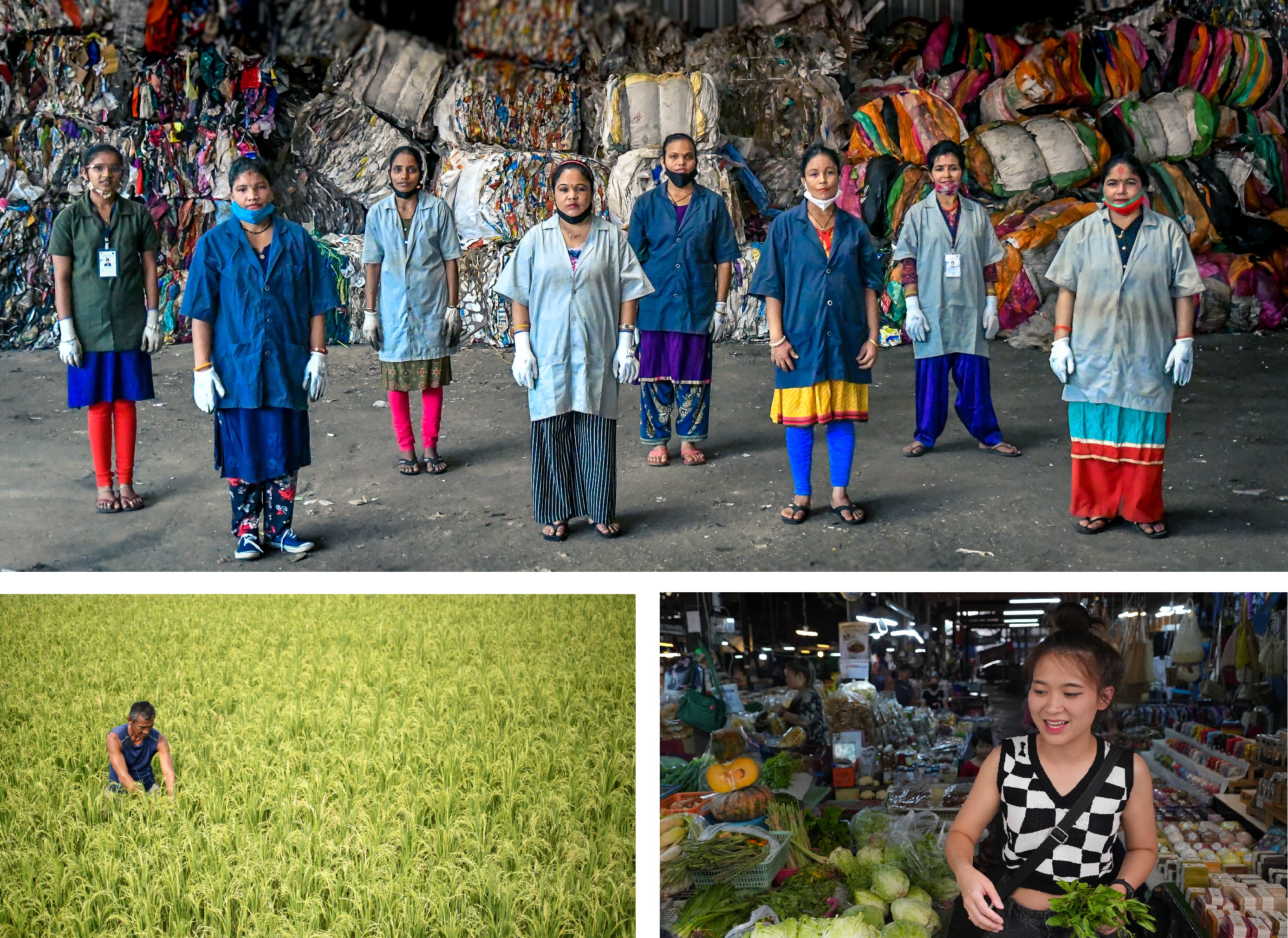 Photo collage showing trash collectors, a farmer and a woman in a vegetable market