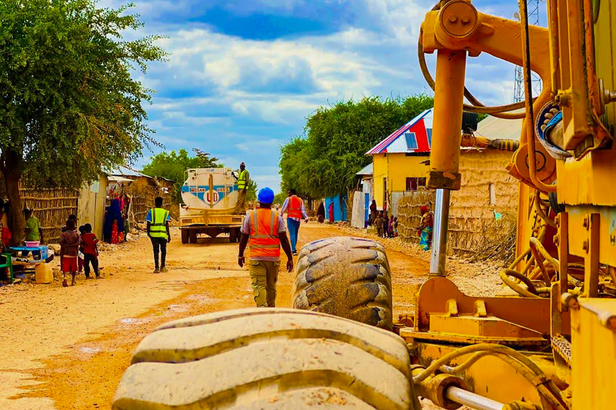 Construction works and vehicles on road