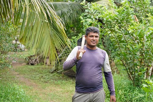 a person standing next to a palm tree